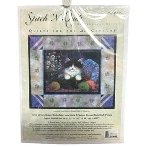 Kitty In Yarn Basket Vtg Stitch and Quilt  Embellished Cross Stitch & Quilt Kit